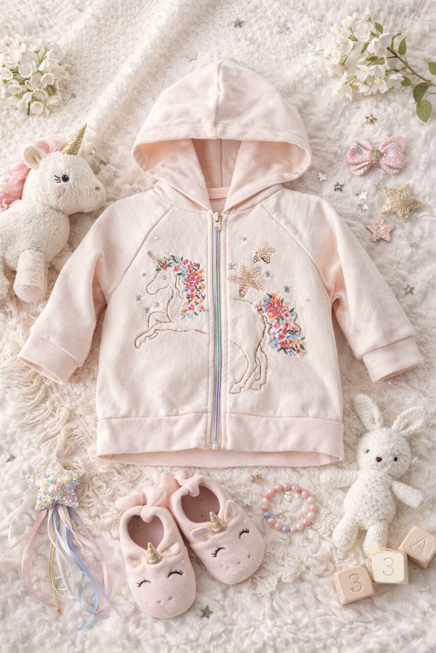 Peek Baby Girls Unicorn Rainbow Zipper Zip-Up Hoodie Jacket Pink Size 3–6 Months